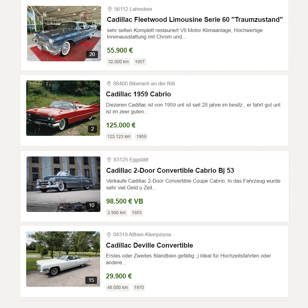 Gebrauchtwagensuche Cadillac Oldtimer