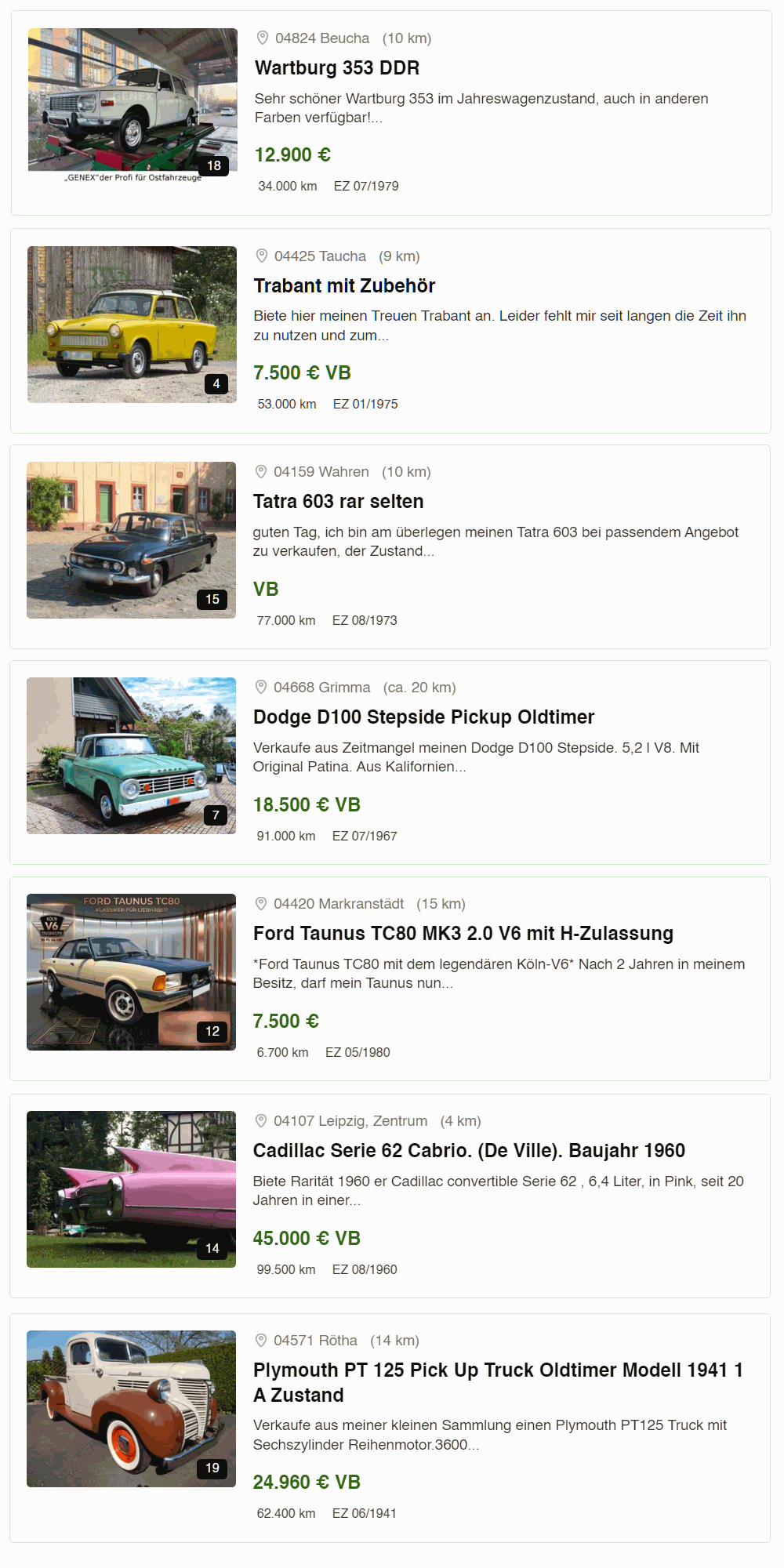 Aktuelle Angebote mit Ppreisliste f�r Oldtimer in der Region Leipzig
